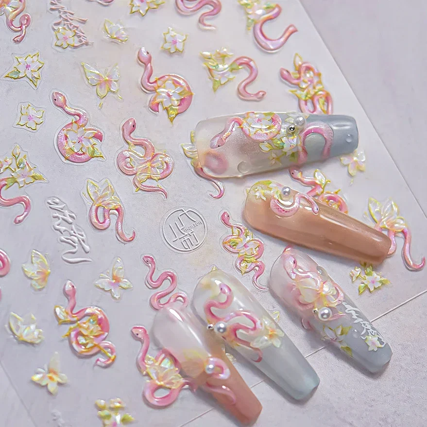 Dreamy Jelly Pink Light Green Snake Butterfly Charm Flower Star Moon Cat Chinese Delicate Totem Nail Art Stickers Manicure Decal