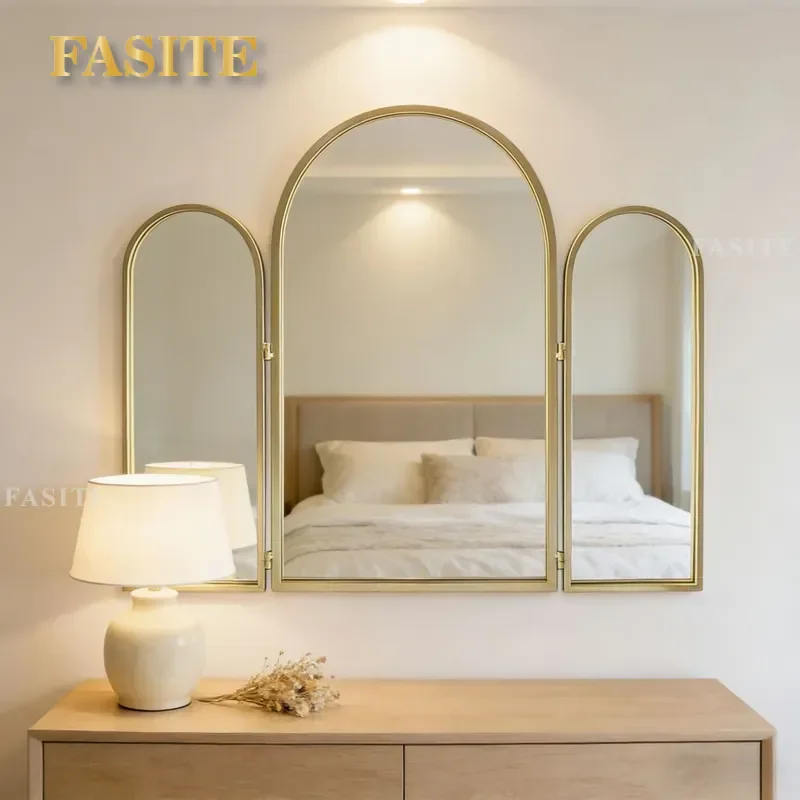 For Bathroom Bedroom Triple Fold Adjustable Makeup Mirror Champagne Gold Arched Wall Decoration Vanity Mirror Space Saving