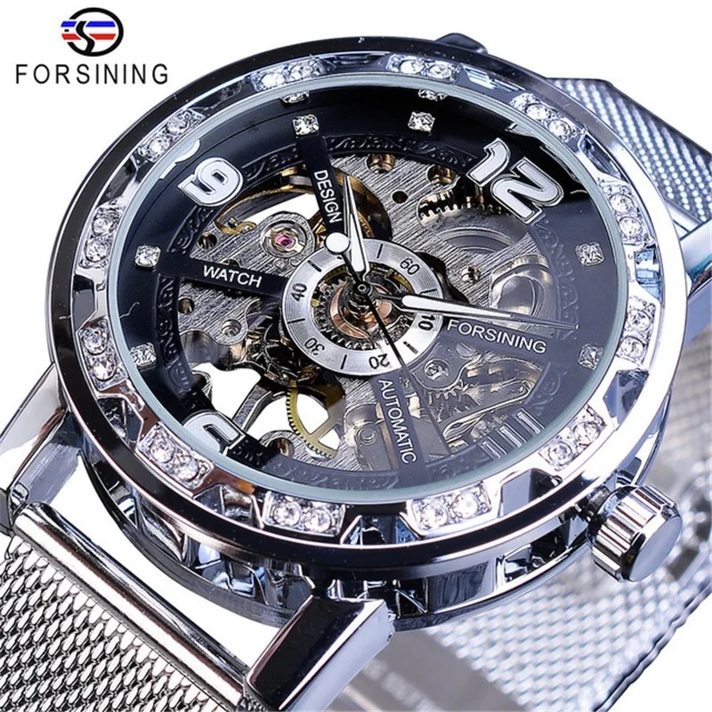 Mechanical Watch for Men Hand Wind Skeleton Dial Rhinestone Mesh Band Elegant Casual Fashion Wristwatch