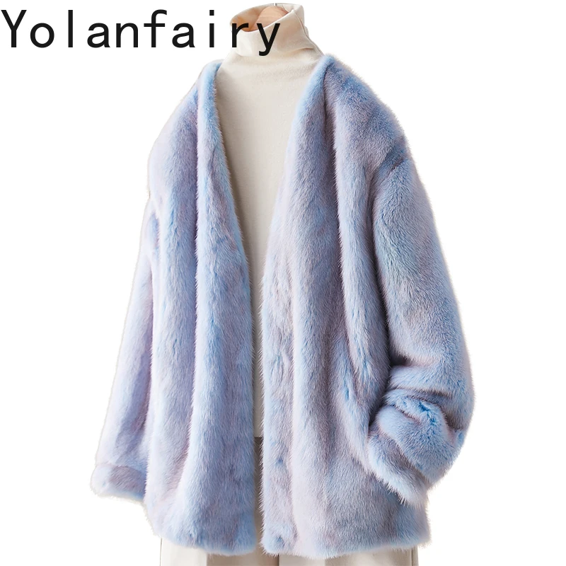 

YOLANFAIRY Fashion Natural Fur Coat Woman Elegant V-neck Real Whole Mink Fur Jackets for Women Luxury Gradient Color Fur Coats