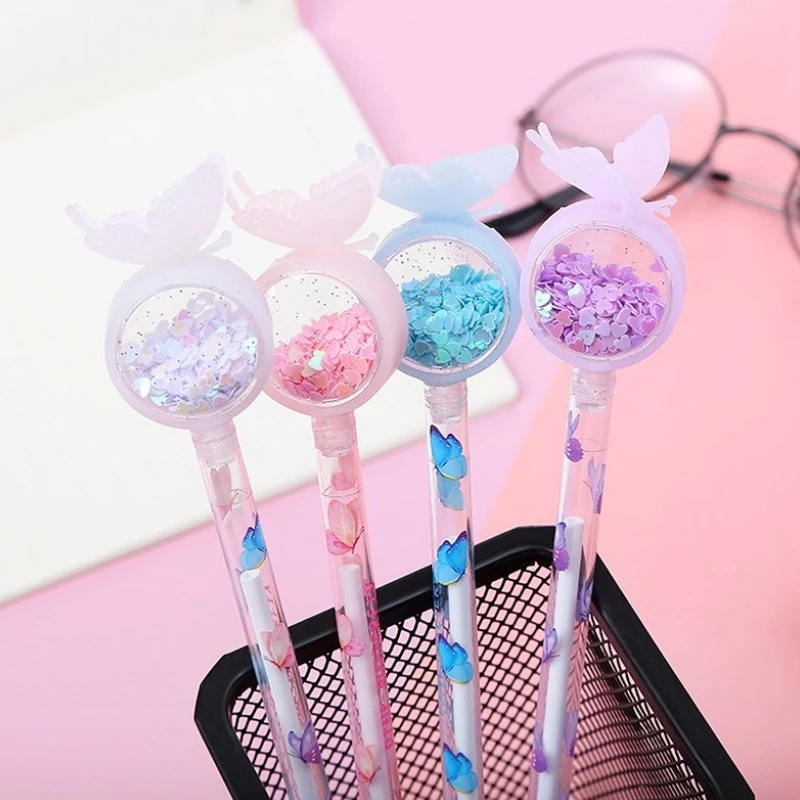 24 Pcs Creative Butterfly Sequin Neutral Pen Net Red Girl Heart Water Pen Student Pen Office Stationery Black Signature Pen