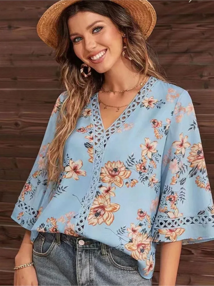 

Bohemian Style Women's Floral Shirts Fashion Spring Summer New Printed Shirts Bell Sleeve Tops Beach Elegant Loose Pullovers Y2K