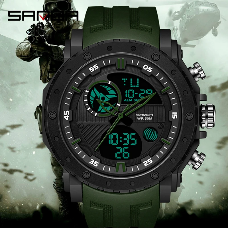 Sanda relógio de quartzo men exército verde 50m pulseira silicone à prova dwaterproof água esportes relógios luminosa display digital relogio