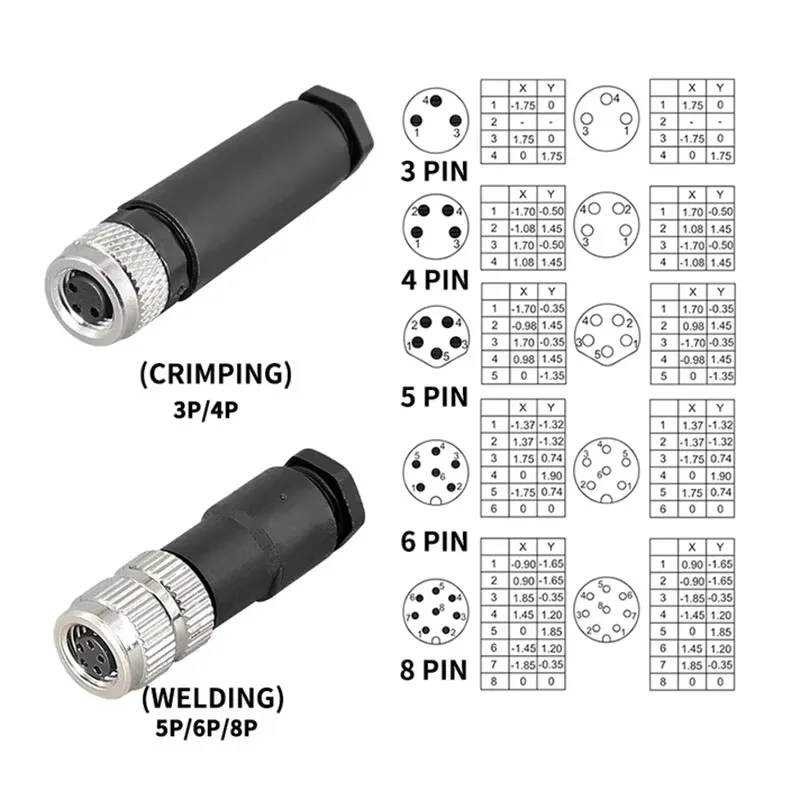 M8 Sensor Connector Screw Connection Metal A Code 3pin 4pin Non-welding 5pin 6pin 8pin Weld IP68 Straight Waterproof Connectors