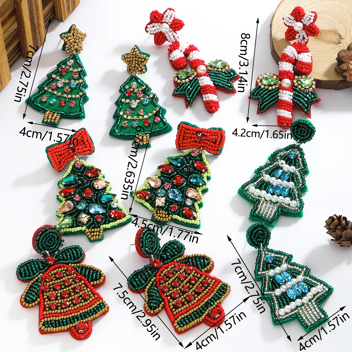 Christmas Handmade String of Beads Rhinestone Drop Earrings Christmas tree Earrings Suitable for Christmas Earrings for Women