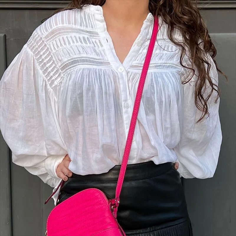 

Ele Pure Color Cute Lace Pleated Women's irt Button up Cotton Vintage Sle Loose Fit Long Sve round Ne Spring