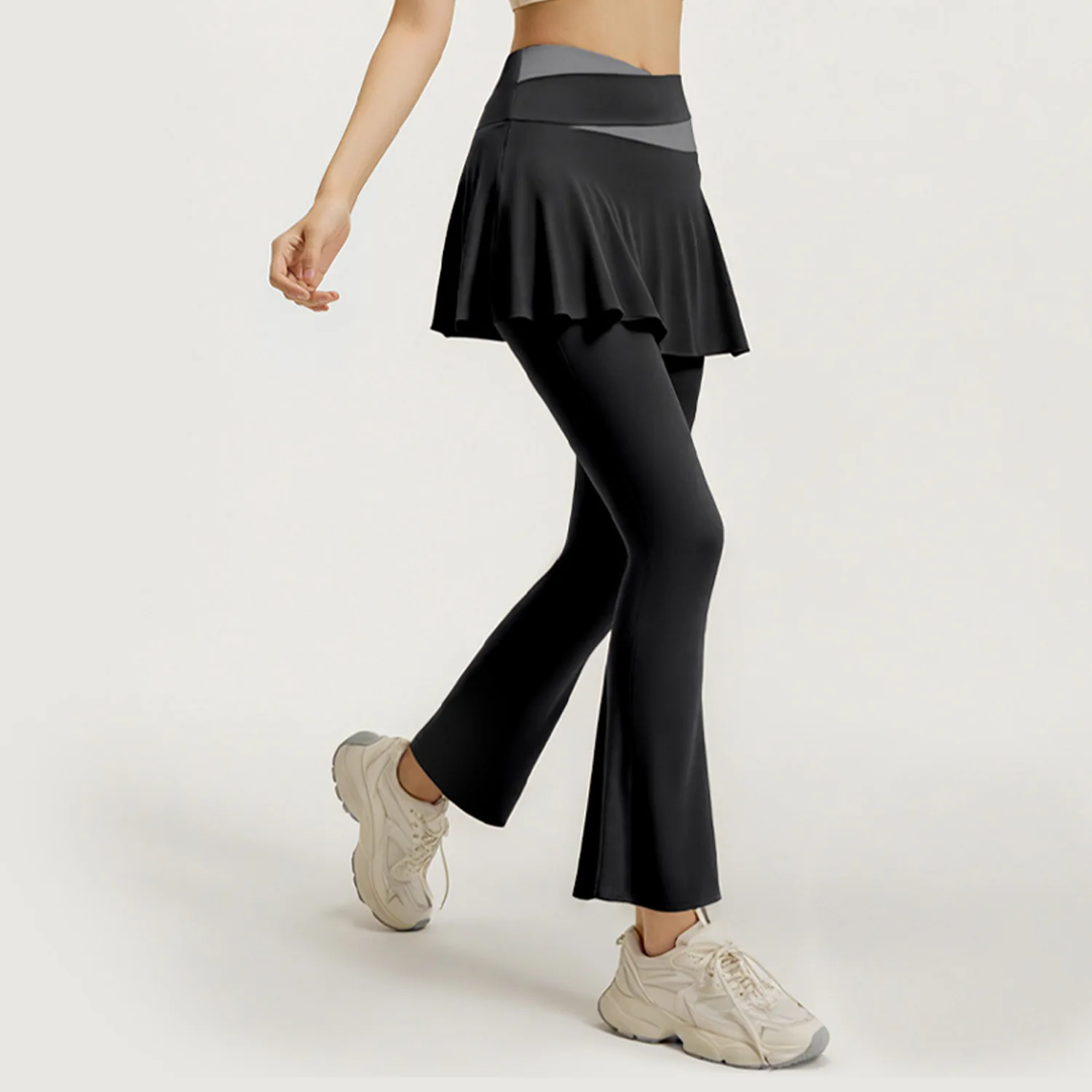 Women Color Block Flare Skirted Yoga Pants, Fake Two-Piece High Waist High Elastic Slim Fit Running Fitness Leggings