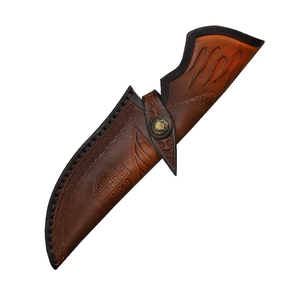 25.5cm Fixed Blade Knife Scabbard Embossed Cowhide Top Grain Leather Camping Knife Case Hunting Holsters with Belt Buckle