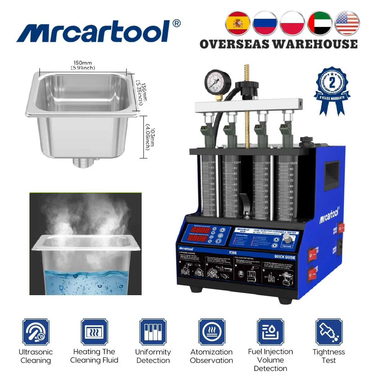 MR CARTOOL V308 Car Fuel Injector Heating Cleaning Tester Machine 110V 220V 4-Cylinders Ultrasonic Cleaner Fuel Injector