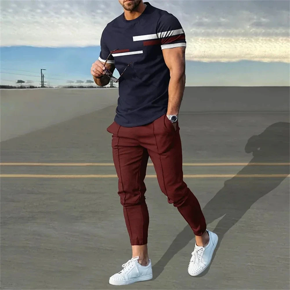 2024 Men's Sets Summer Short Sleeve T-Shirt Pants Suit Fashion 2 Piece Streetwear Print Sports Trousers Tracksuit Men's Clothing