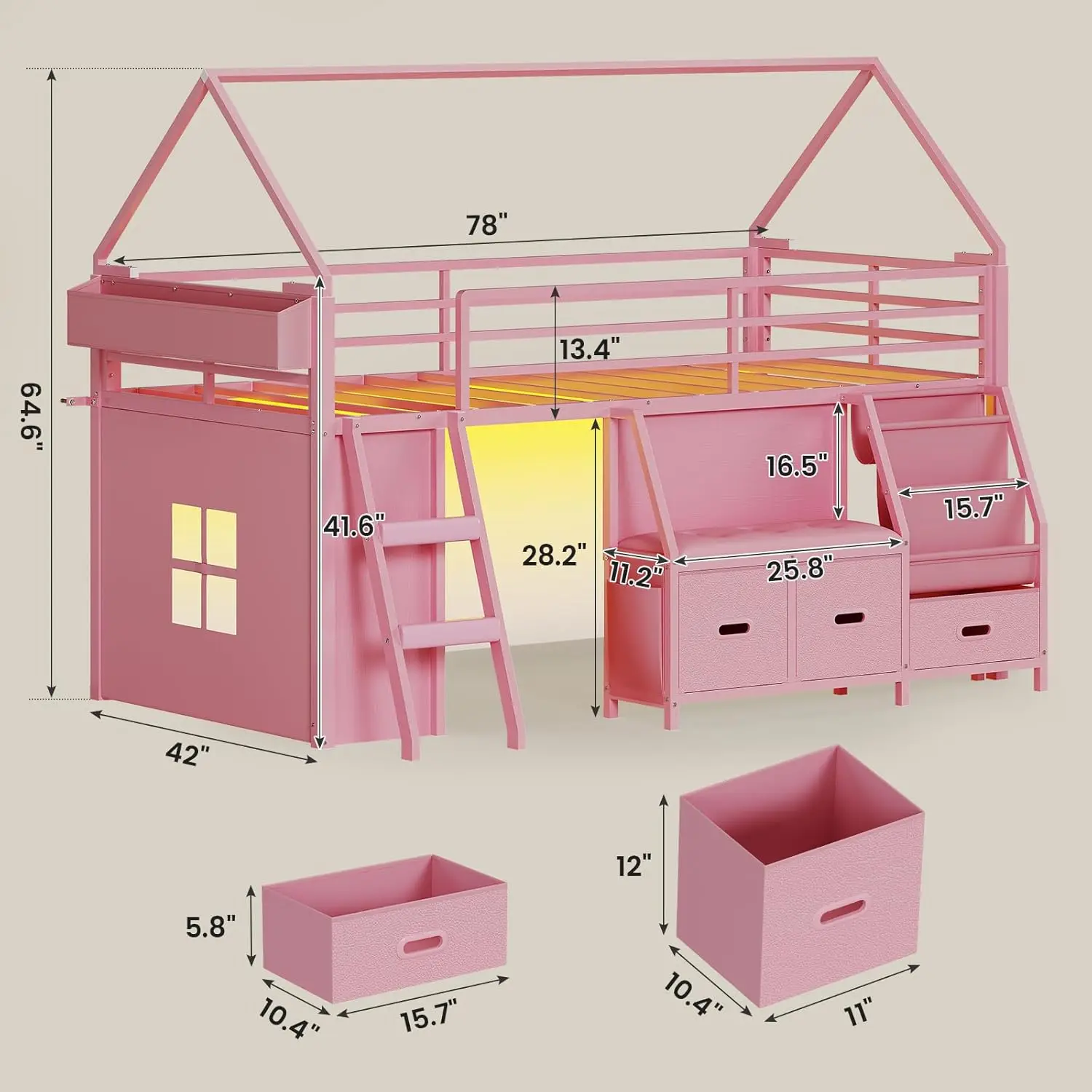 Cama Alta Infantil Tamanho Solteiro com Estante, Cantinho de Leitura, Cama Alta Infantil com LED e 3 Gavetas, Espaço de Brincadeira Abaixo da Cama, Casinha, Personalizável