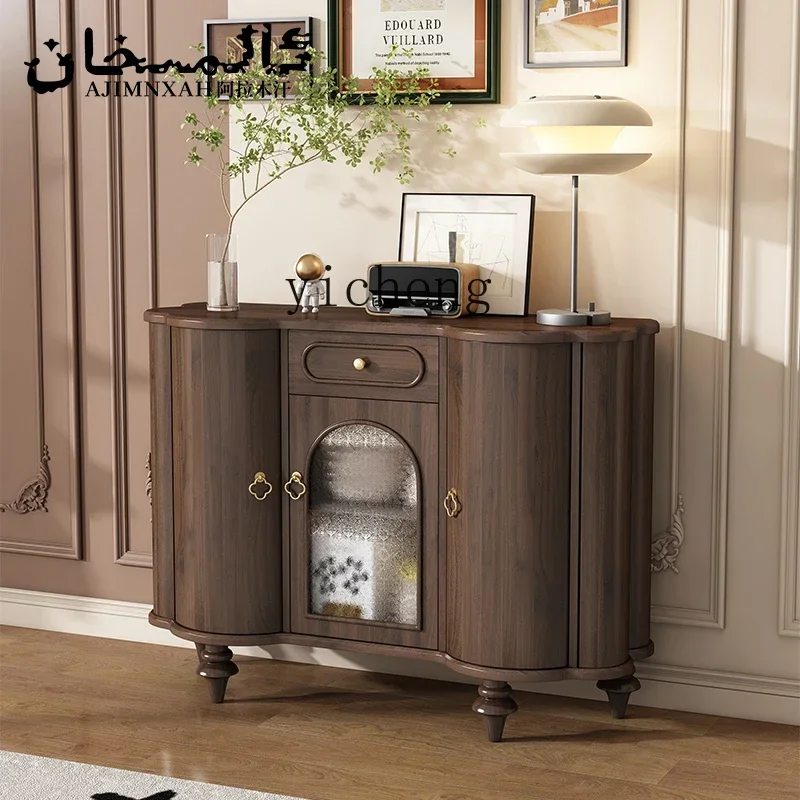 c9.21-ZC Solid Wood Black Walnut Sideboard Cabinet Retro Living Room Locker Medieval Entrance Cabinet