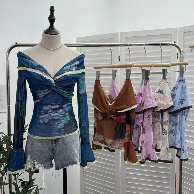 Vintage Oil Painting Printed Women T-Shirt Harajuku Tie-Dye Slash Neck Pleated Top Korean Chic Long Sleeve Lapel Tees New