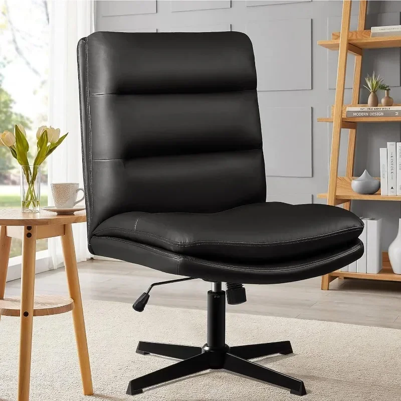 PUKAMI Criss Cross Legged Office Chair,Pu Leather Armless Office Desk Chair No Wheels,Modern Swivel Height Adjustable