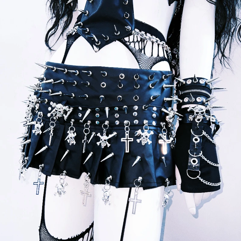 Original Design Punk Dark Female Vest 2025 Autumn New Gothic Heavy Metal Rock Stage Performance Outfit Short Skirt Set Ladies