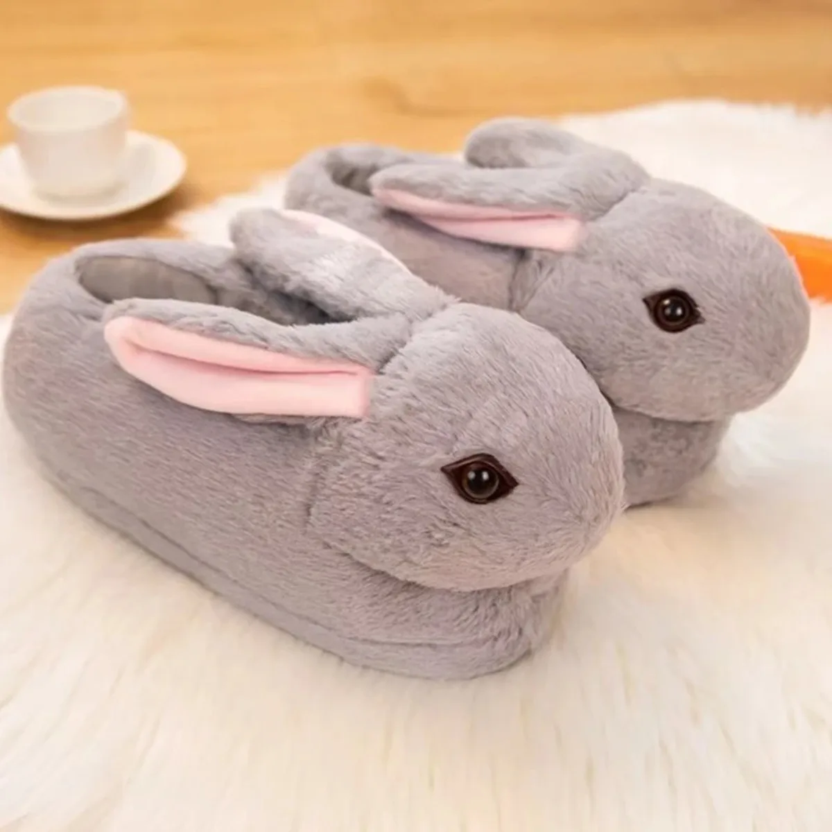 Women House Fur Slippers Casual Cute 3D-shaped Lovely Bunny Rabbit Design Pink Grey Winter Indoor Warm Soft Soles Comfy Home New