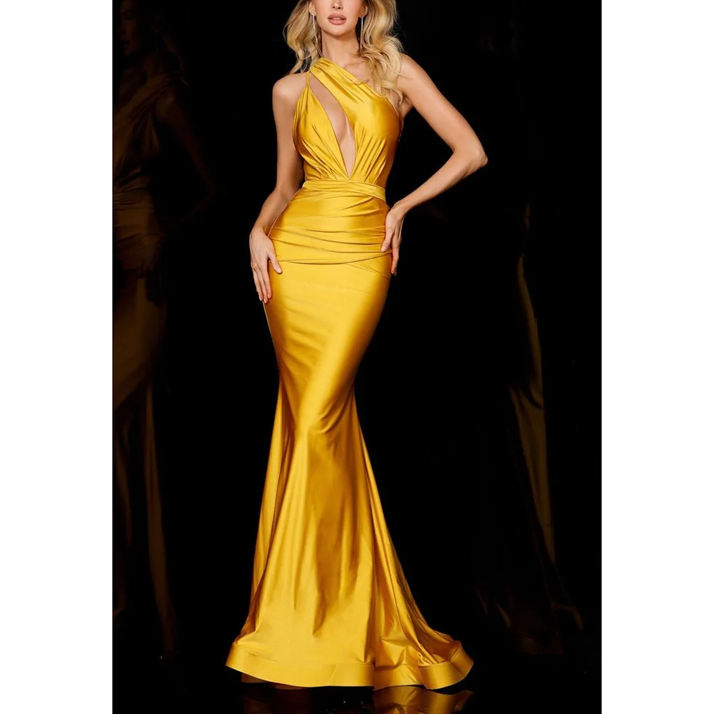 

Fashion Prom Gown Unique One Shoulder Design Cut Out Sleeveless Mermaid Floor Length Dinner Party Dress