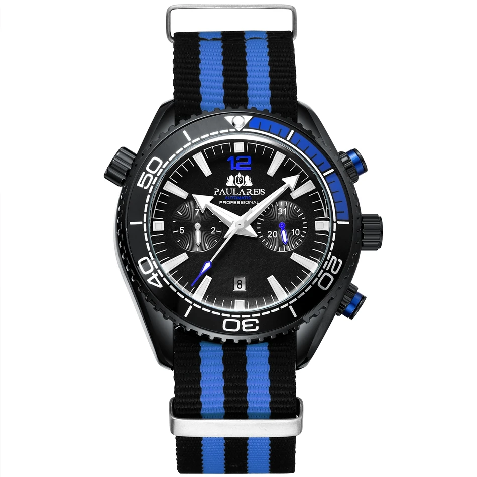 Automatic Watch Mechanical Self Wind Orange Black Canvas Multifunction Fashion 45mm for Men Wristwatches
