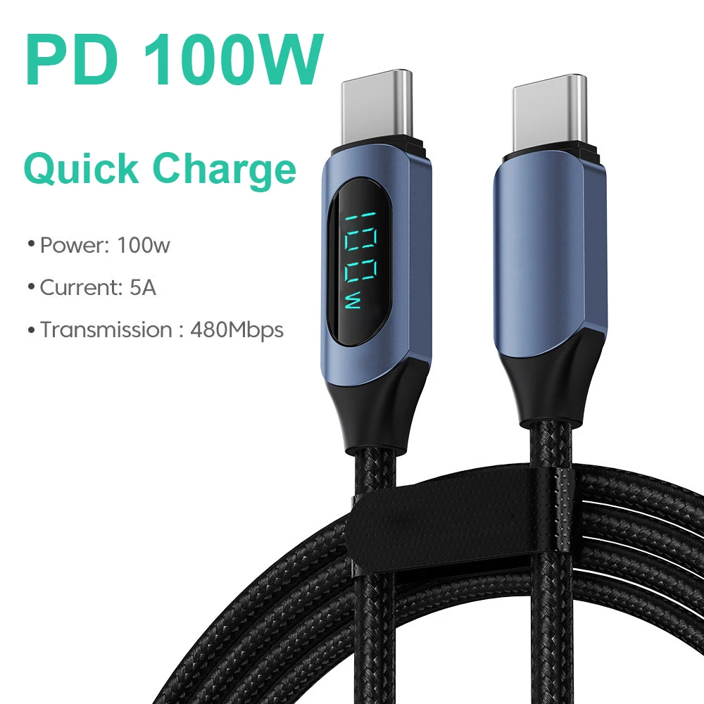 100W 1m/2m Real-time Digital Dispaly Type C to Type C Cable PD Fast Charger USB C to USB C Cable For iphone 15 16 Data Cord Wire