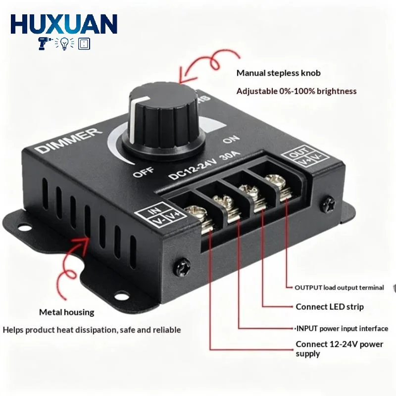 DC 12V 24V 30A PWM Dimming Controller Knob Adjust Rotary Brightness For Single Color LED Controller Dimmers