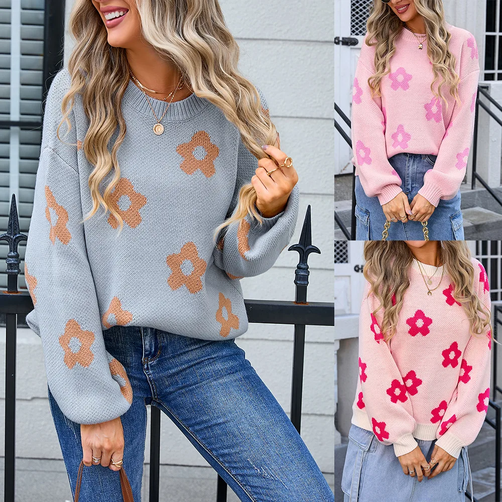 

Knitted Pullovers Sweaters Women Jumpers Flower Print Round Neck Long Sleeves Thick Loose Casual Streetwear 2025 Autumn Winter