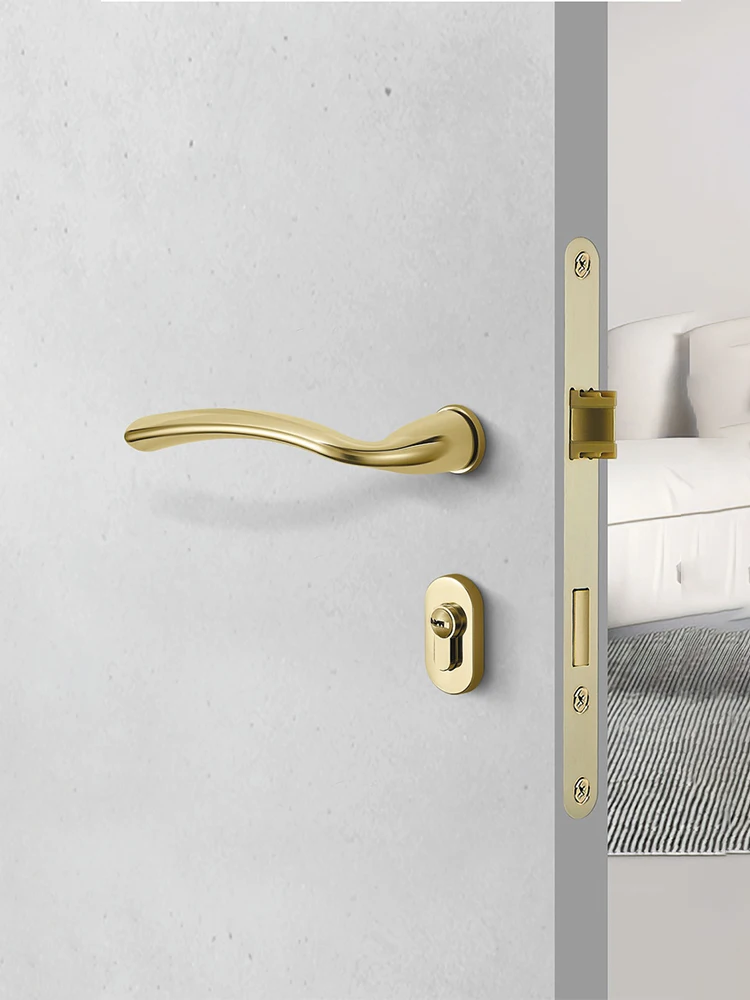 Bedroom French light luxury door lock simple PVD bright gold interior wooden door silent split white cream style