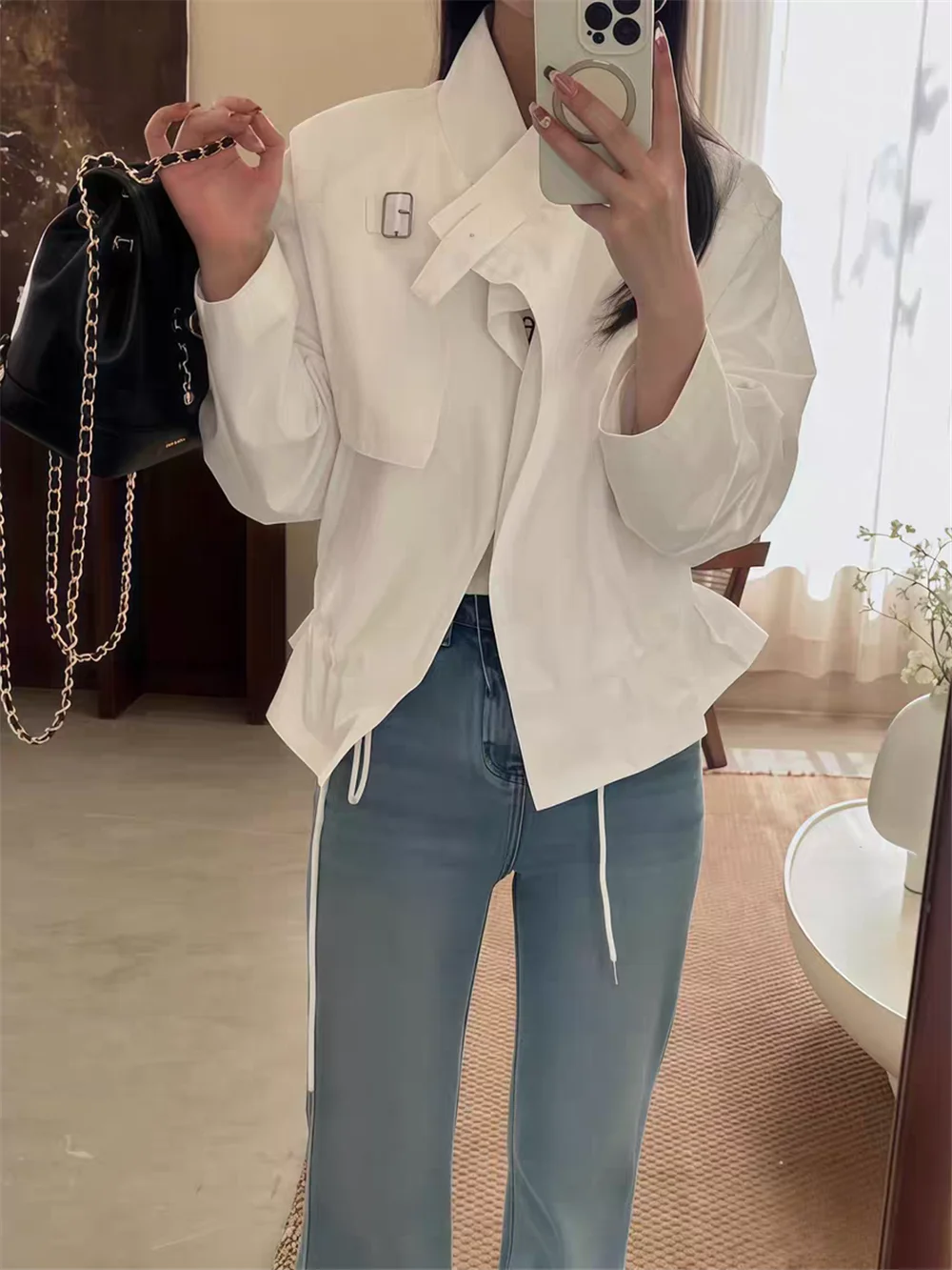 

Women's Short Stand Collar Drawstring Waistcoat Jacket Casual Loose Fit Spring Autumn New Style Versatile Casual Top
