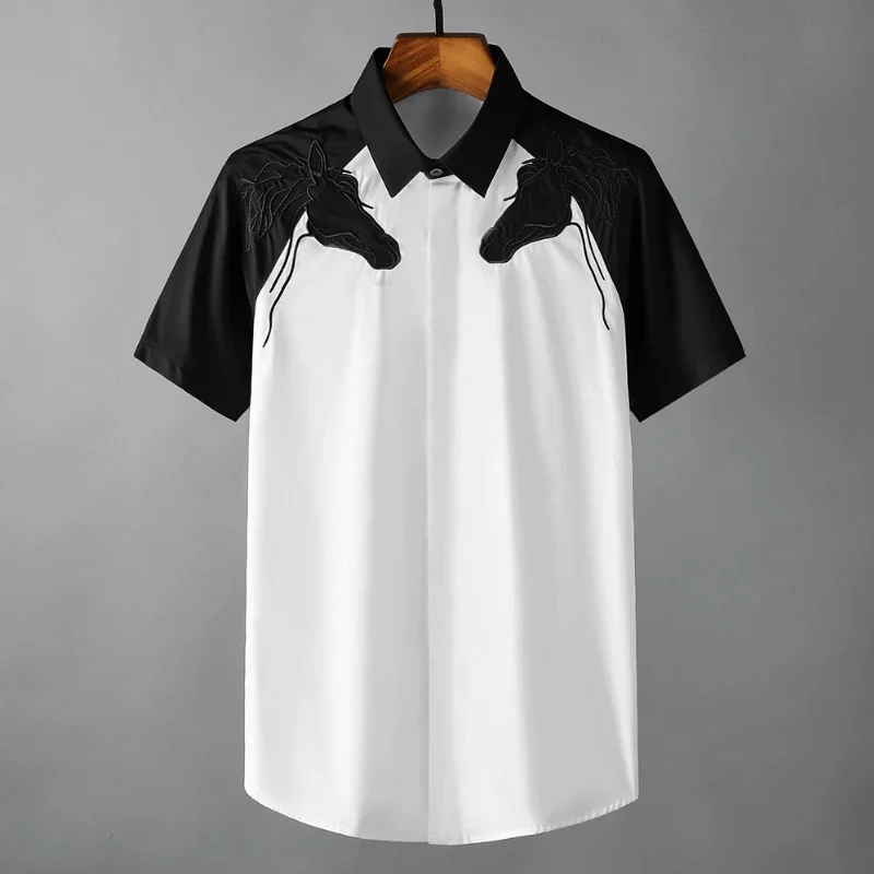 New Cotton Short Sleeve Male Shirts Luxury Horse Head Embroidery Casual Mens Dress Shirts Summer Slim Fit Party Man Shirts