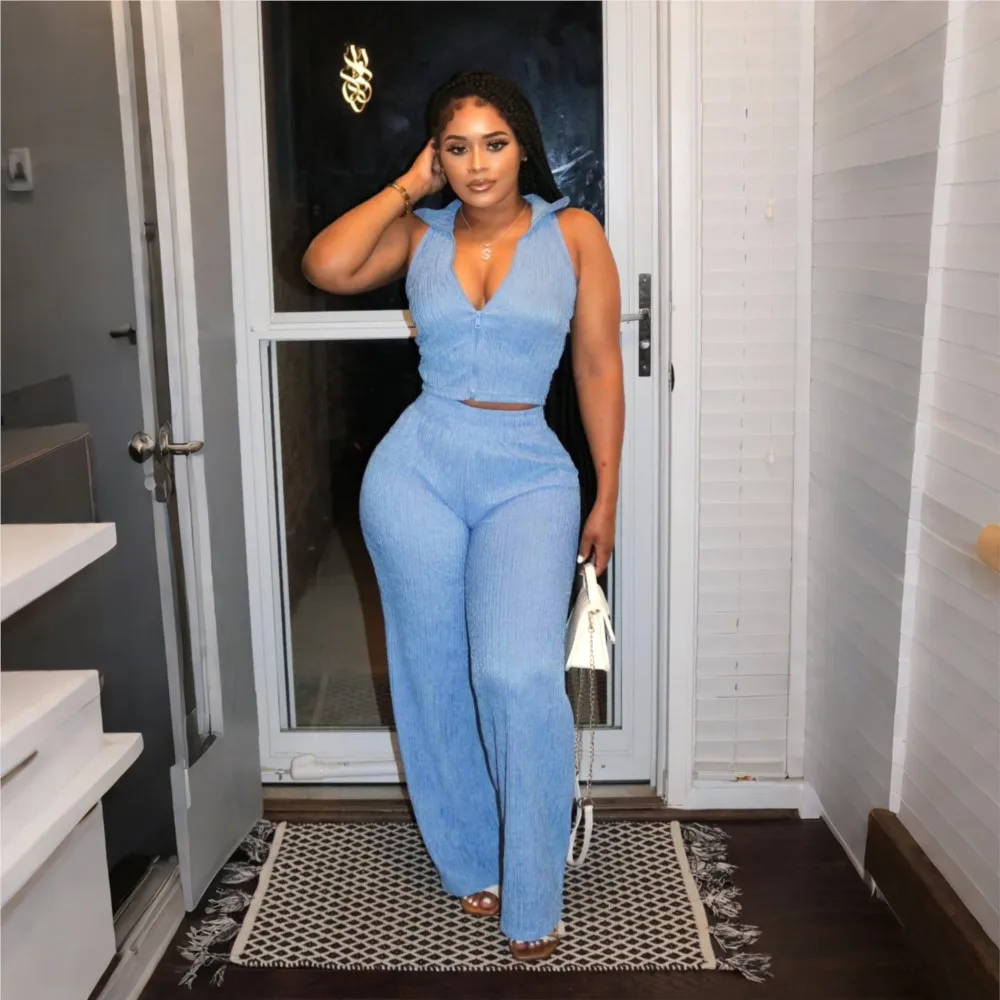 

Модные сексуальные ультра короткие топы на молнии, брюки, комплект из 2 предметов, женский новый весенне-летний повседневный широкий брюки, женский офисный костюм