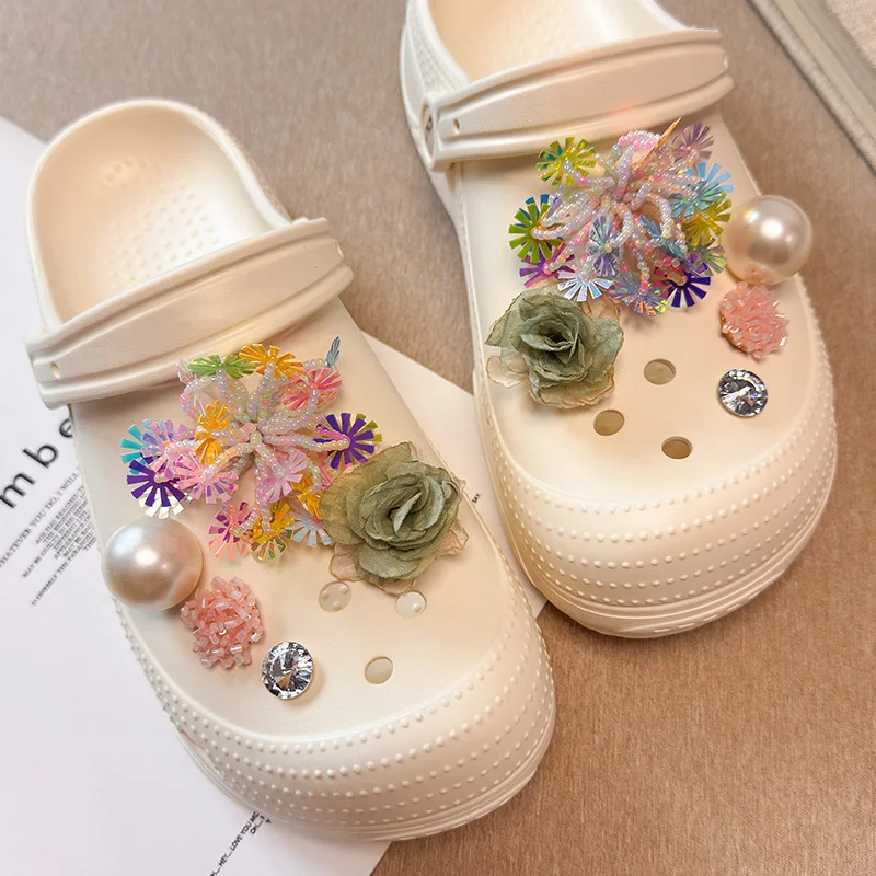 Shoe Clips Crystal Pearl Colorful Flower Handmade Removable Decor for Sandals Beach Party Premium Lightweight Stylish