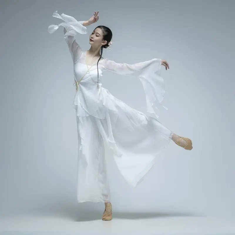 

Classical Dancing Dress Gauze Clothes Practice Chinese White Folk Dance Classical Dance Costume