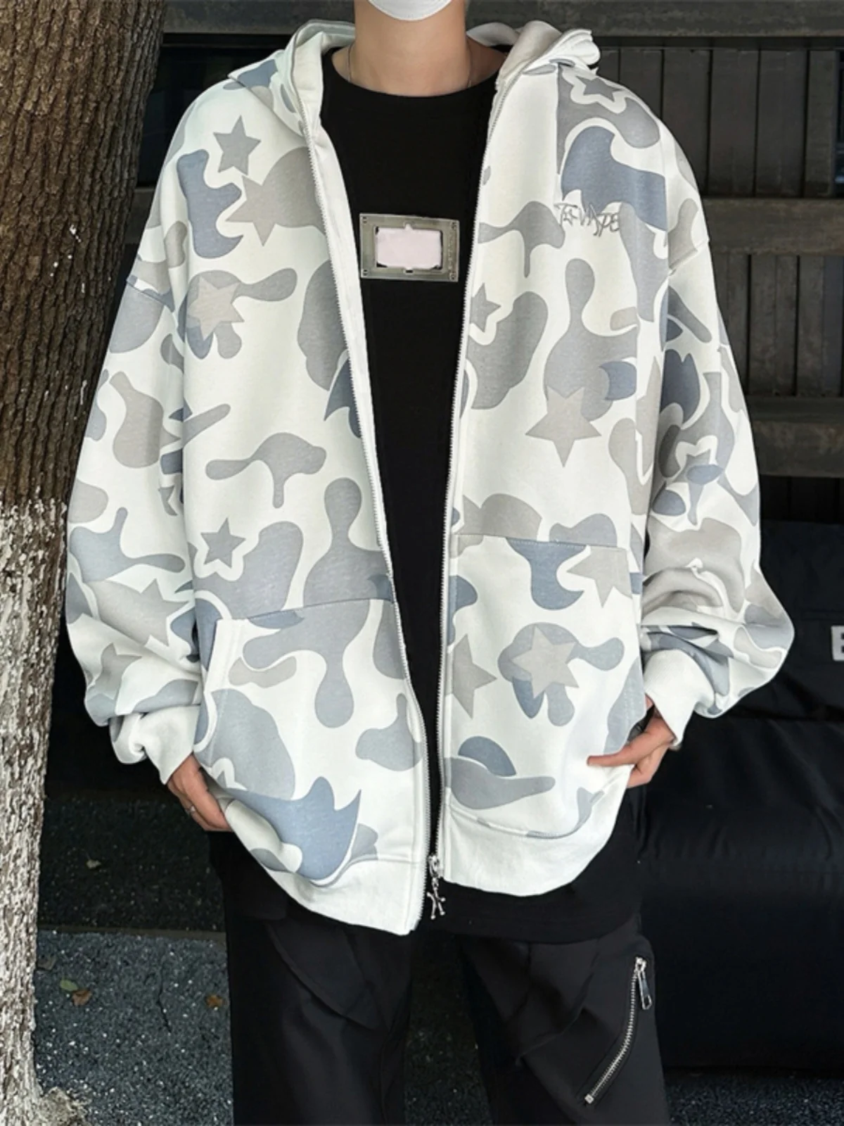 

American Retro Camouflage Hoodie Jaet Men's Women's Spring Autumn Design Student ark Head Zipper Open Cardigan Outerwear