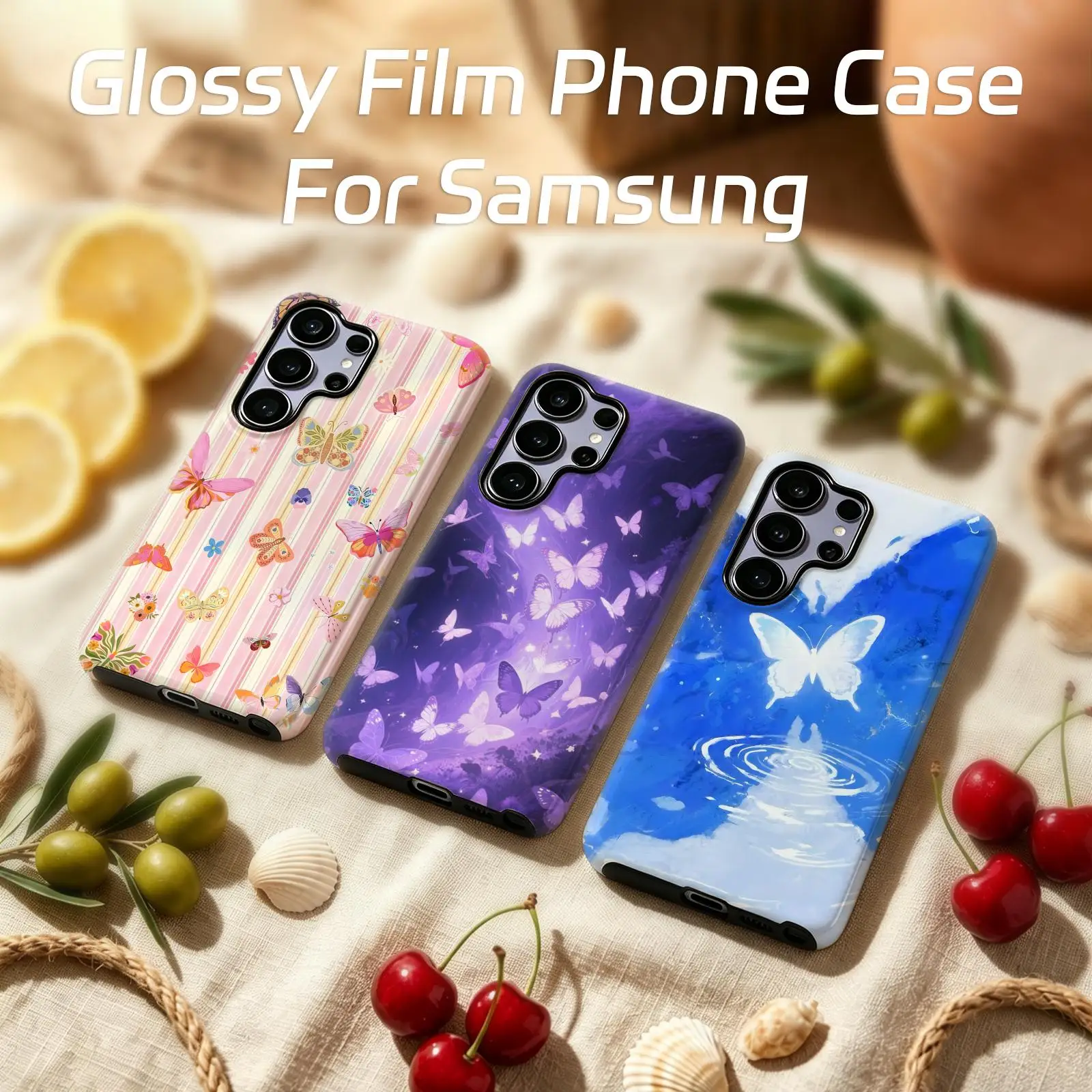 Phone Case For Samsung Galaxy S26 25 S24 S23 S22 S21 Ultra Glossy Film Phone Case Cute butterfly