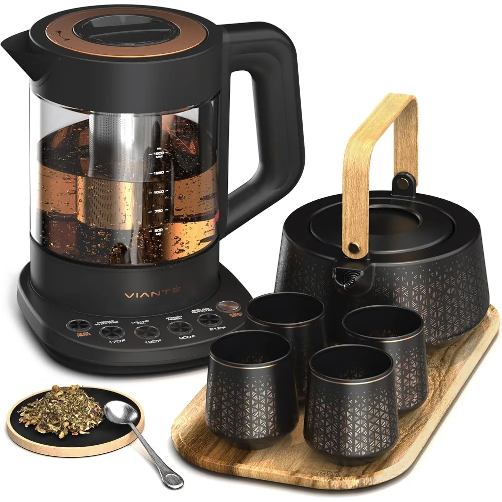 

Tea Set. Electric Kettle with Infuser for Loose Leaf and Ceramic Serving, Tea Pot and Cups Set with Wooden Tray, Teaware Sets