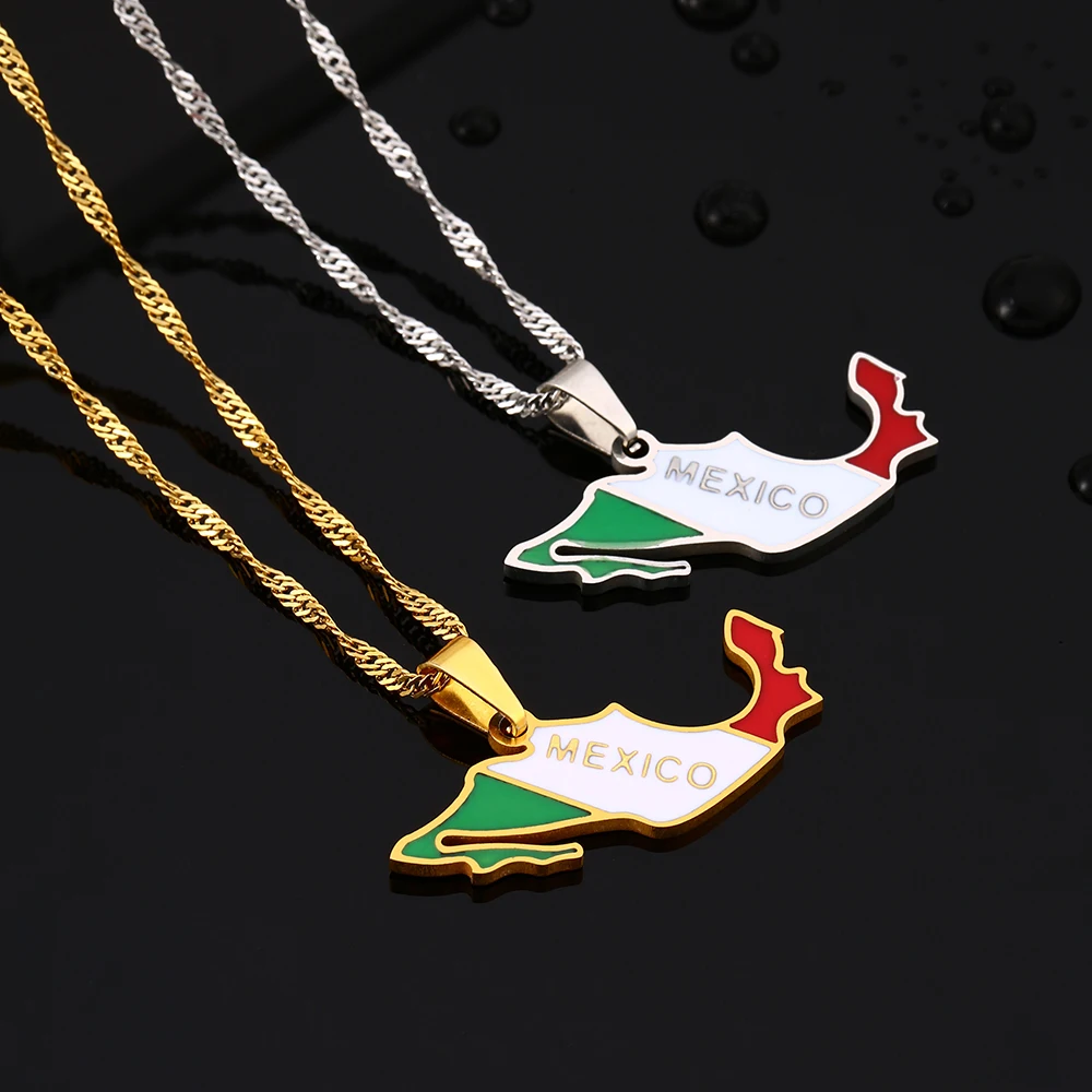 SONYA New Enamel Drop Oil Mexico Map Flag Pendant Necklace For Women Mexican Stainless Steel Jewelry Ethnic Party Birthday Gifts