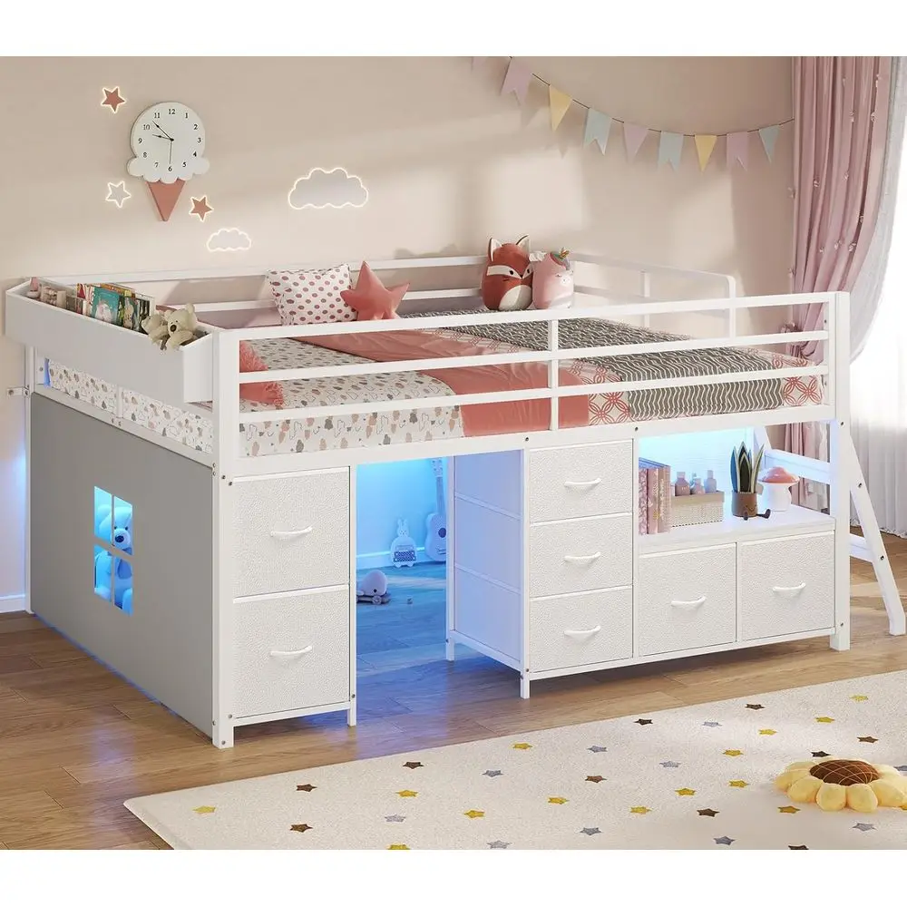 

Low Loft Bed Full Size with 7 Drawers, Bookcase, LED Lights, Metal Safety Rail, Inclined Ladder, Play Curtain, Under-Bed Play Ar