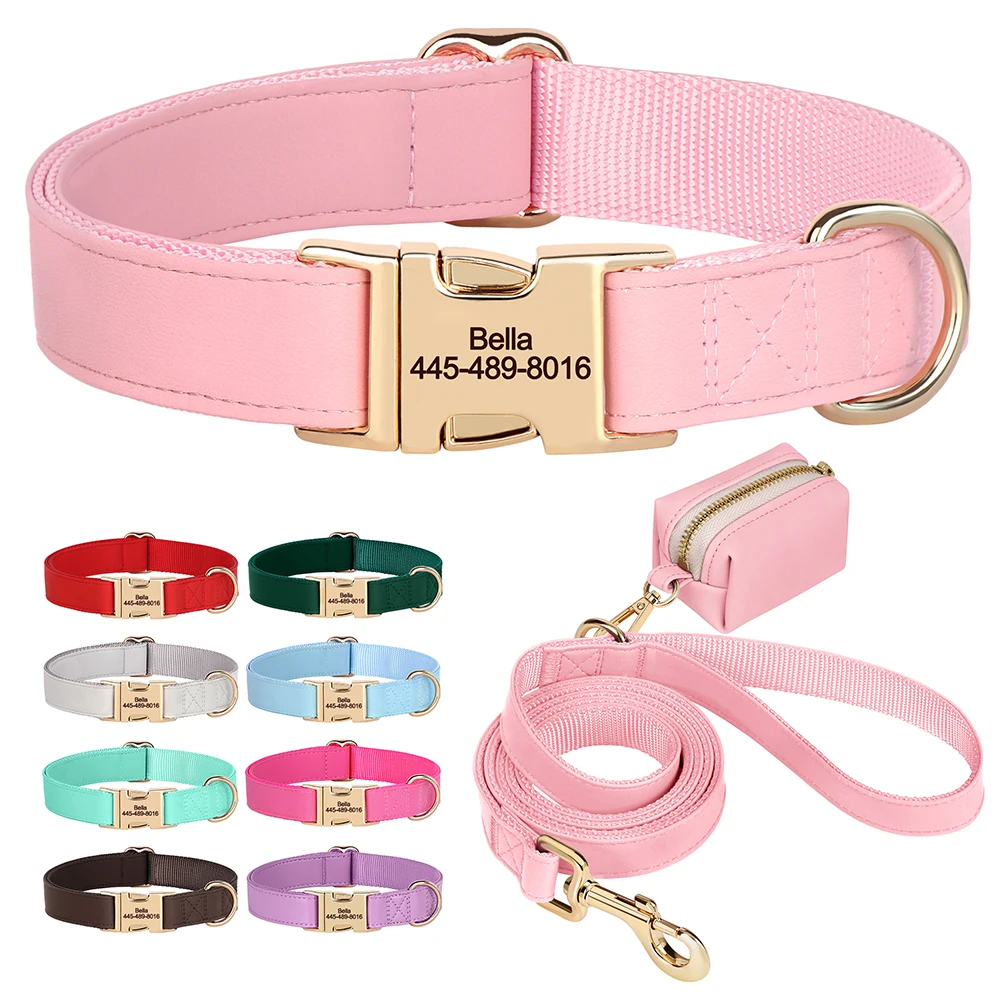 Personalisiertes Hundehalsband-Leinen-Taschen-Set, individuelle Hundehalsbänder aus PU-Leder, bunte Haustier-Halskette mit Leinen, Poop-Tasche für Hunde, Mops
