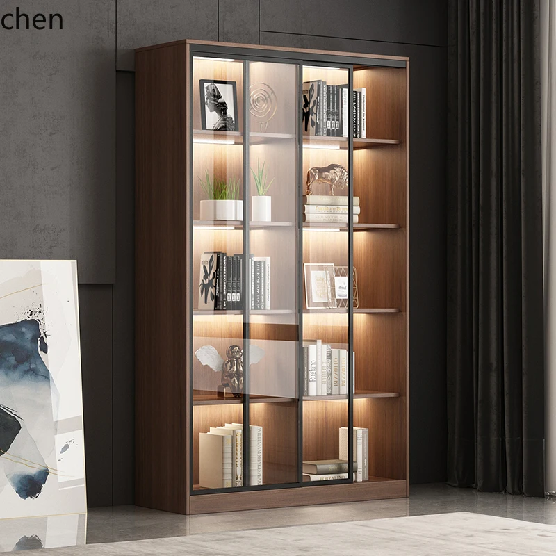 

HXL solid wood bookcase floor-to-ceiling living room display locker with sliding glass door bookshelf