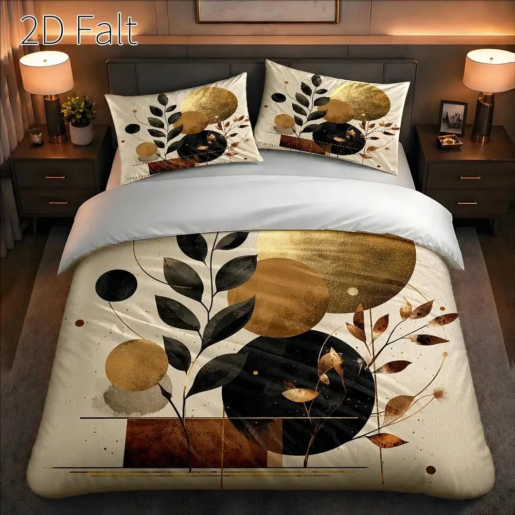 3-Piece Quilt Cover Set, 1 Quilt Cover + 2 Pillowcases (Without Filling) 2D Flat Printing, Three-Piece Quilt Cover Set, Golden Abstract Plant Theme, Futuristic Style, Thanksgiving, Suitable for All Seasons, Machine Washable, Invisible Zipper, Large Quilt Cover Set, Bedding Set, Skin-Friendly, Breathable, Soft and Comfortable, Does Not Fade or Pill, Suitable for Home/Dormitory/Master Bedroom/Guest Room