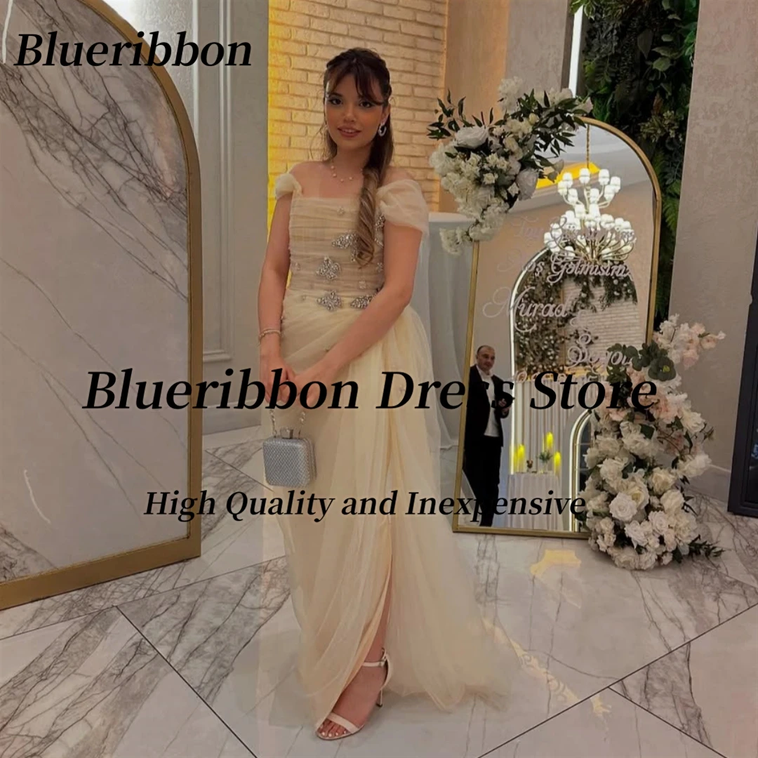 Blueribbon op maat gemaakte galajurken met kralen strapless off-shoulder avondjurken ruches zijsplit tule verjaardagsfeestjurk