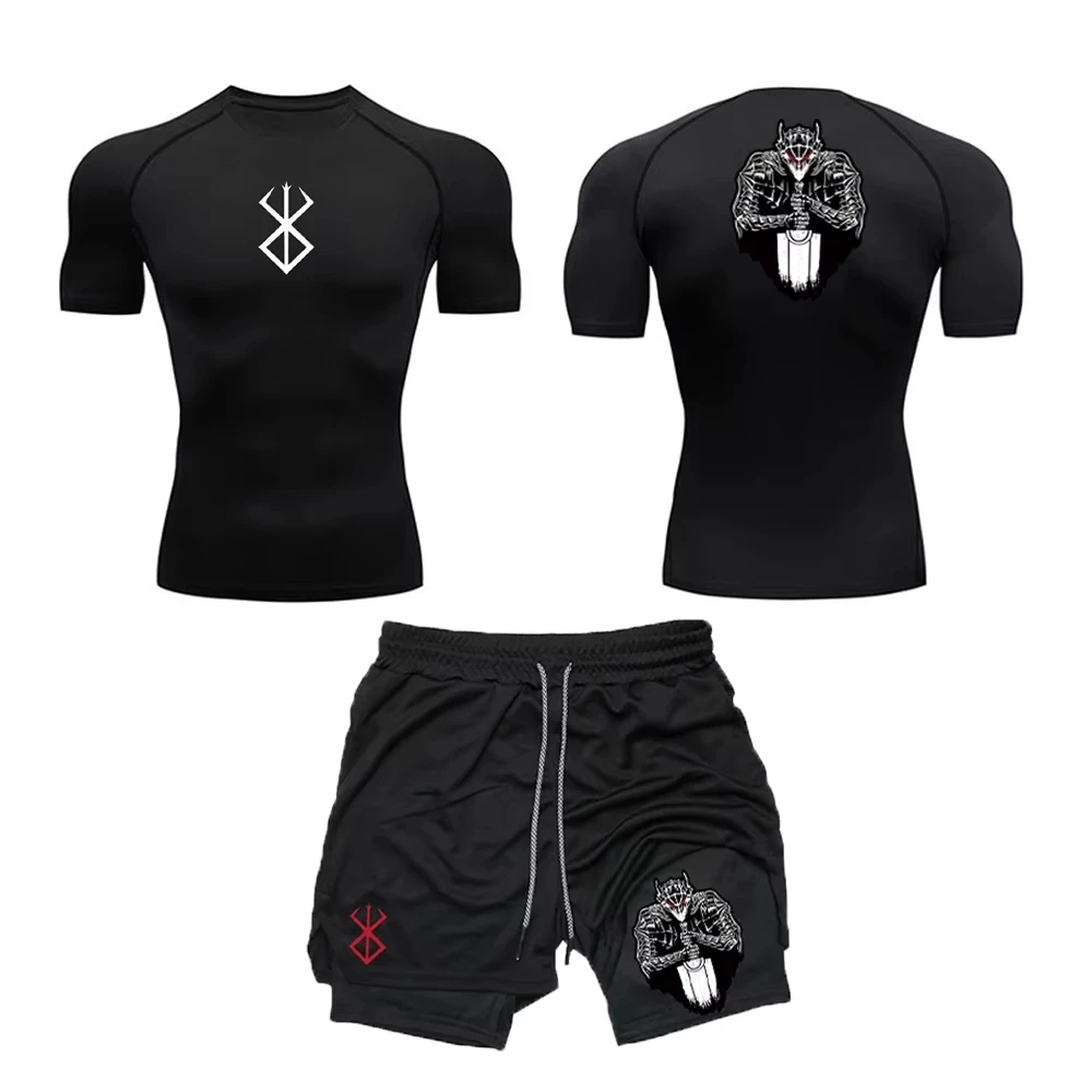 

Men's Workout Compression Set Printed Gym Top+Workout Bilayer Shorts with Breathable Holes Quick Dry Sports Rash Guard Set