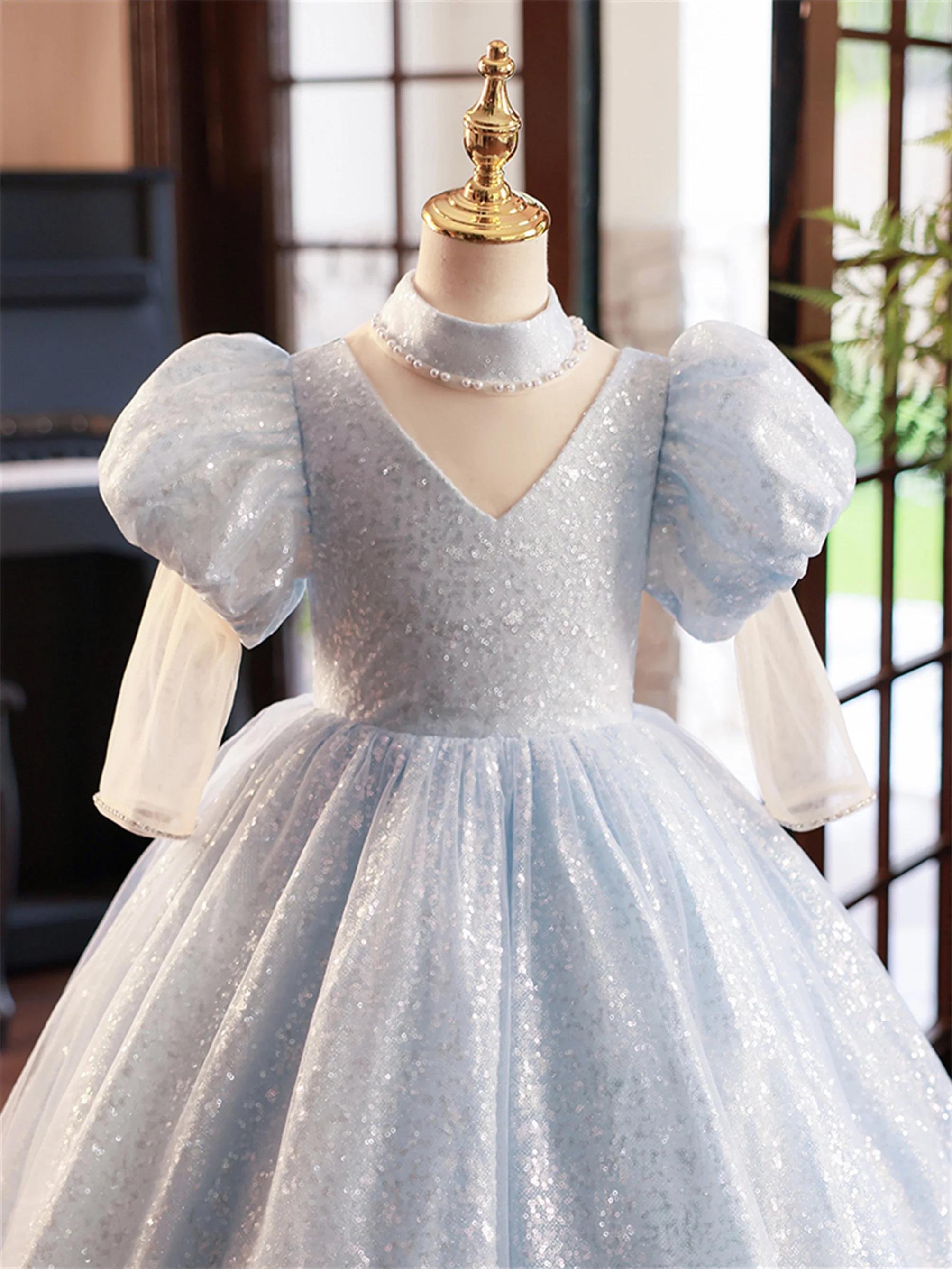 kid girls long sleeve blue cinderella princess ball gowns bubble puff sleeve kid birthday party pageant celebration gowns custom