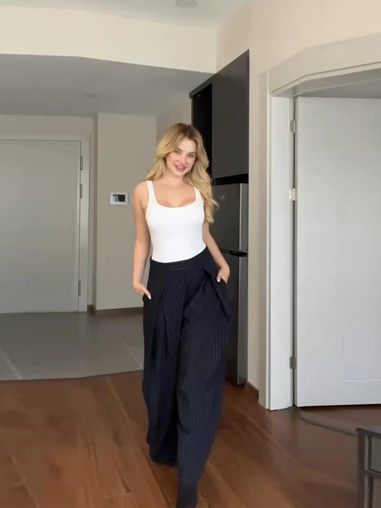 Verstellbare gestreifte Hose für Damen – Streetwear mit hoher Taille, Schnürung, weitem Bein und charmantem Panel-Design – Neu – Detail 30