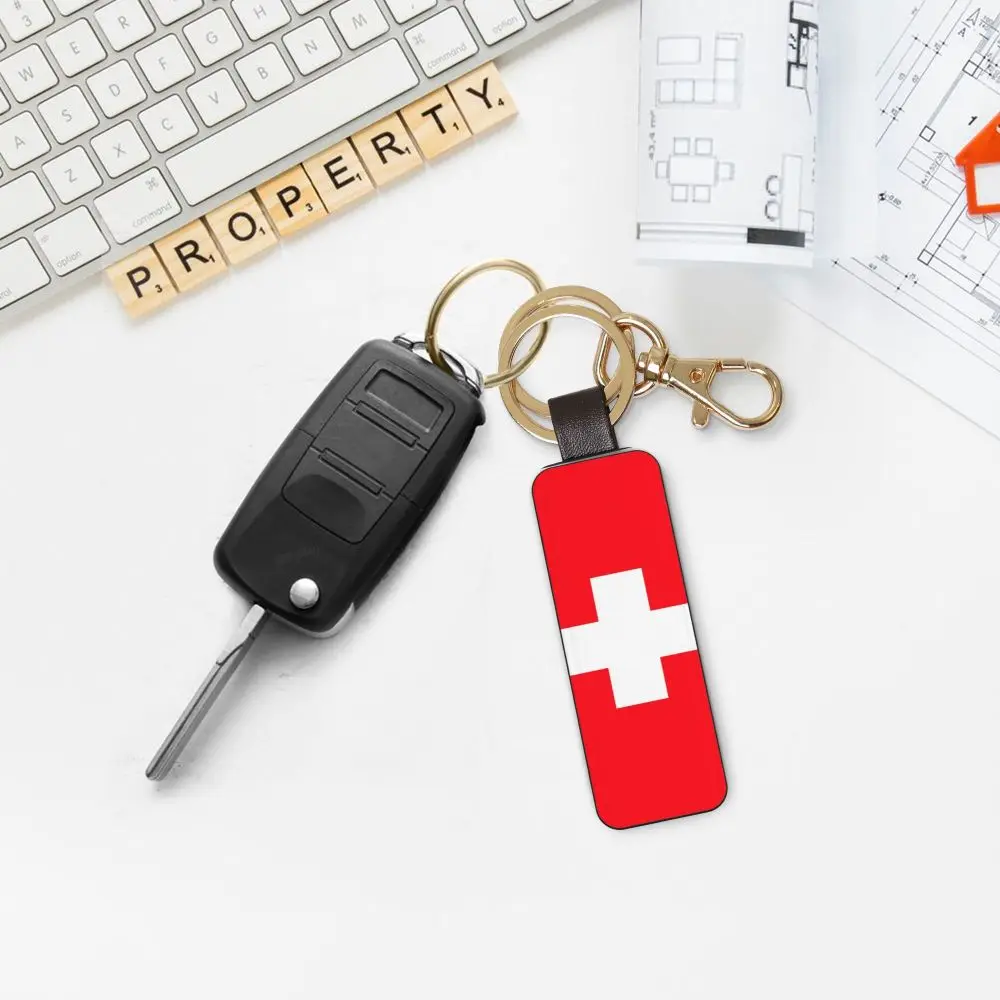 Switzerland Flag Genuine Leather Car Keychain Universal Key Fob Keychain  Leather Key Chain Holder for Men and Women