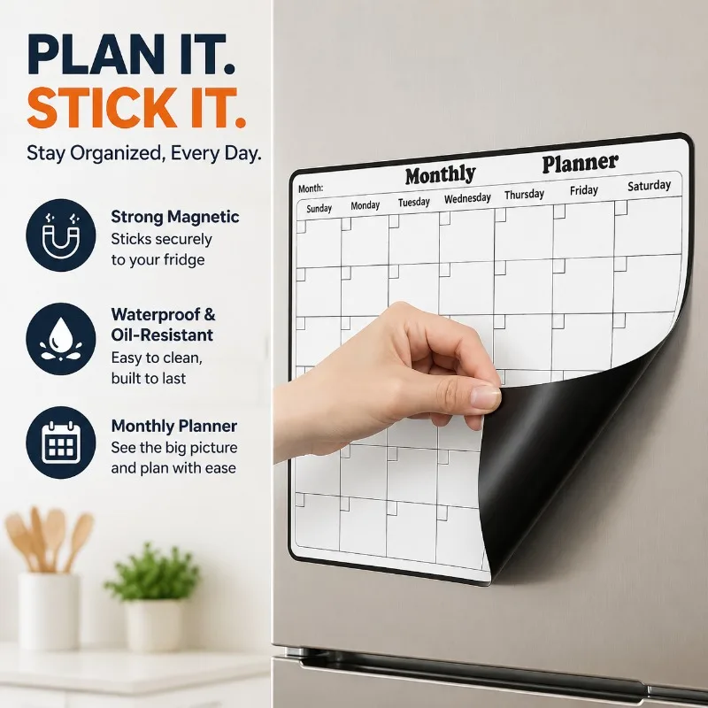 Magnetic Fridge Dry-Erase Calendar, Monthly Planner Whiteboard, Waterproof Oil-Resistant Message Board & Notepad for Kitchen