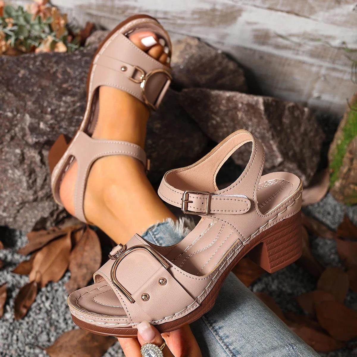 Women Chunky Heel Sandals Adjustable Buckle Strap Plus Size Shoes Summer 2025 Solid Color One Line Fashion Sandals for Women