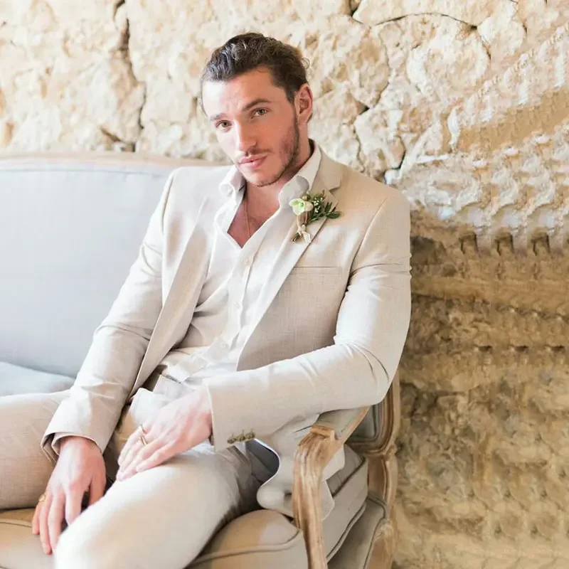 

Linen Wedding Suits For Men Garden Slim Fit Tuxedo Groomsmen 2 Pcs Blazer Notched Lapel Fashion Suit Jacket With Pants 2025