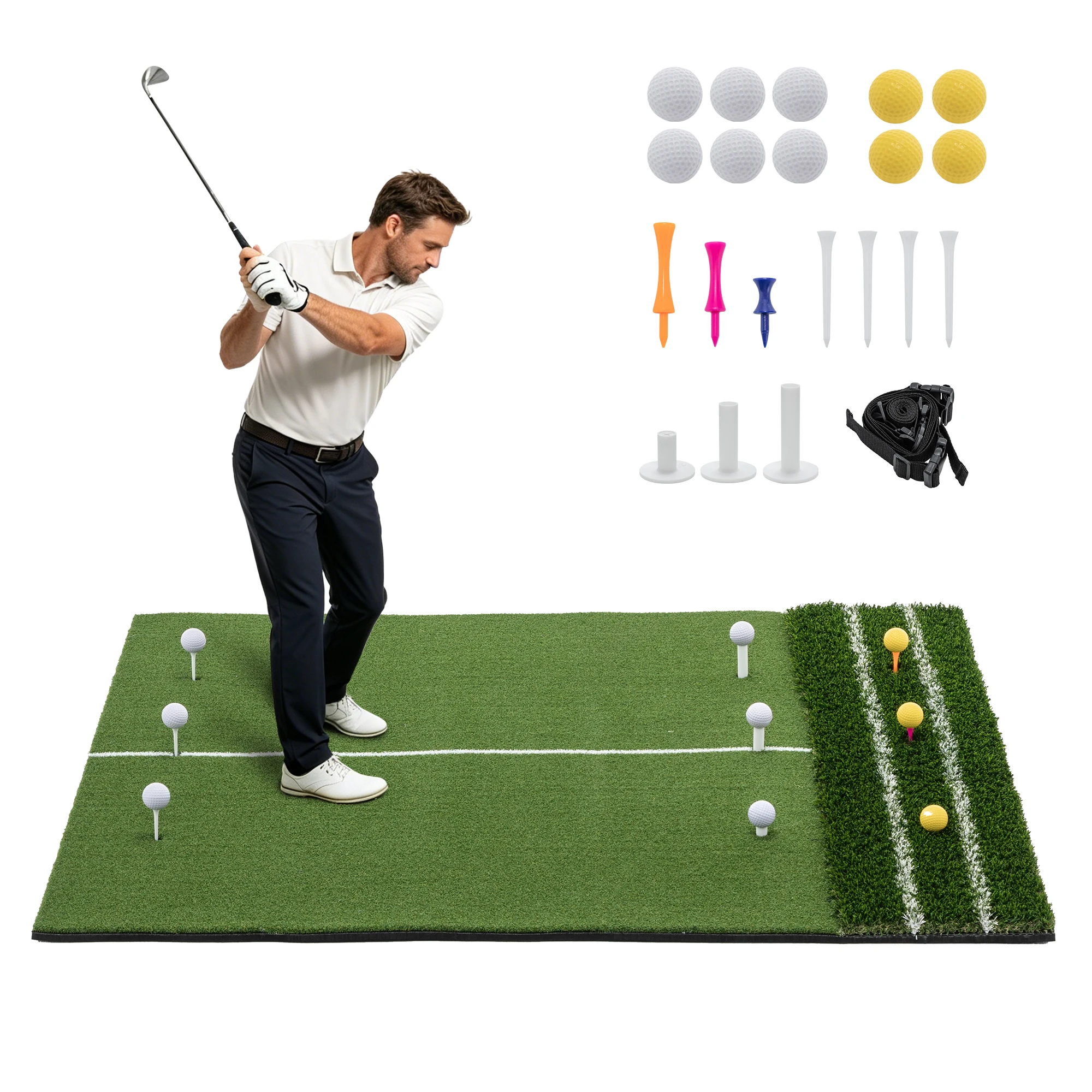 Golf Hitting Mat 5x4ft Guide Line 9 Tee Positions Heavy Duty Swing Turf Indoor Outdoor Backyard Garage Includes Balls Tees Strap