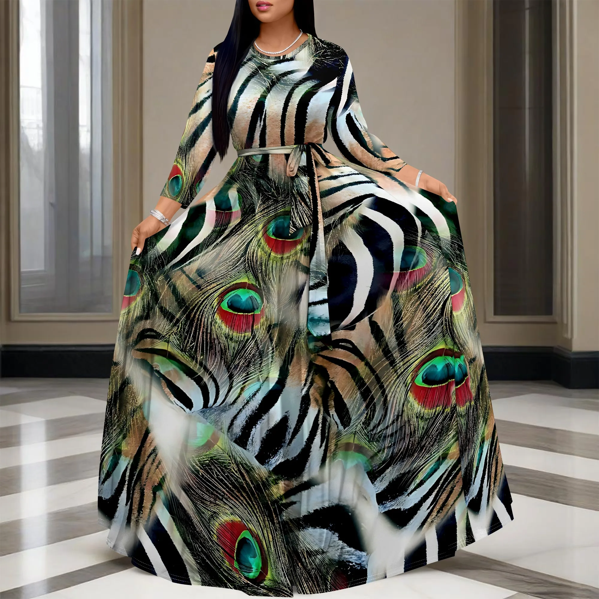 

Women's Summer Autumn 3/4 Sleeve V-neck Long Dress, 3D Printed Princess Skirt With Pockets And Waist Belt