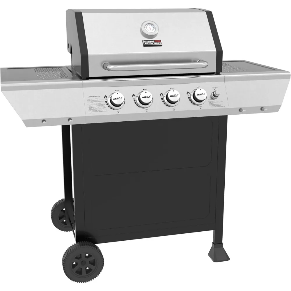 4-Burner BBQ Propane Gas Grill with Stainless Steel Upper Lid,Outdoor Barbecue Gas Grill for Patio Garden  Barbecue Black&Silver